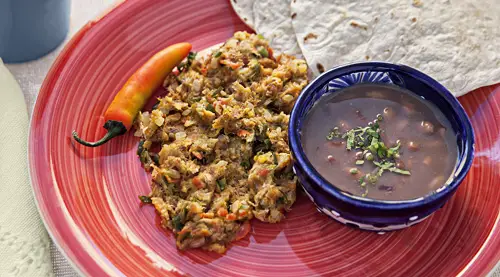 Machaca with Egg served with beans and tortillas